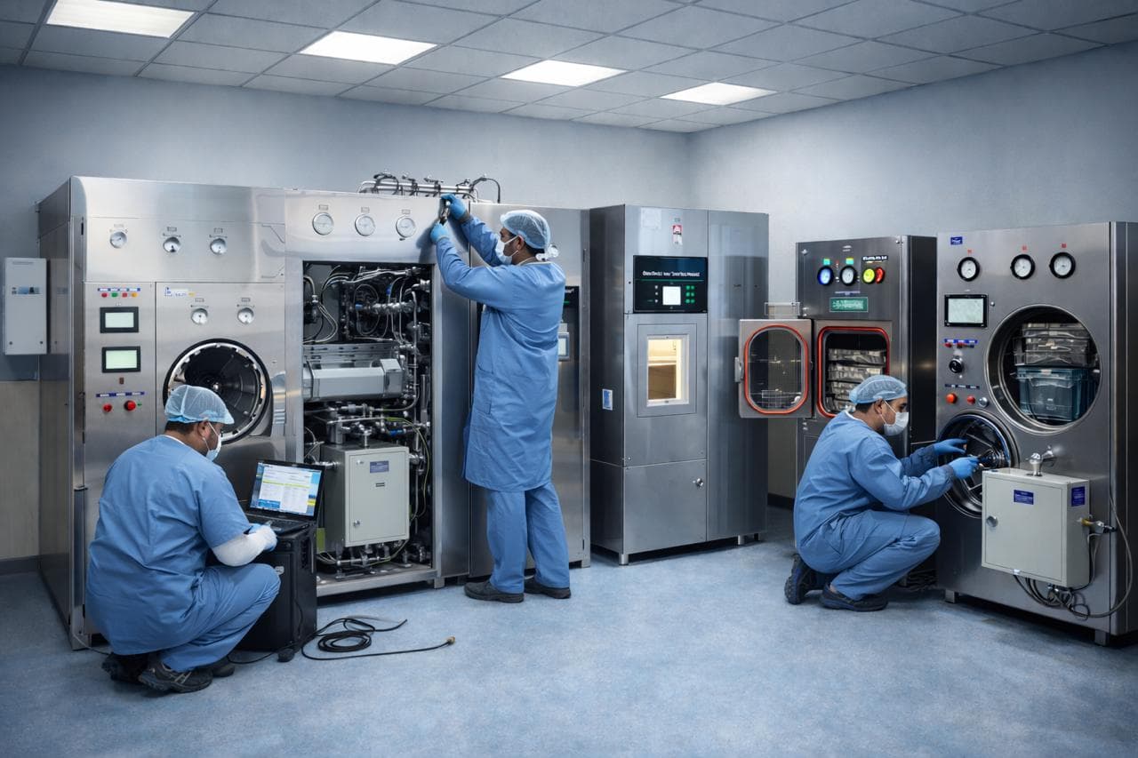 Technician repairing medical equipment
